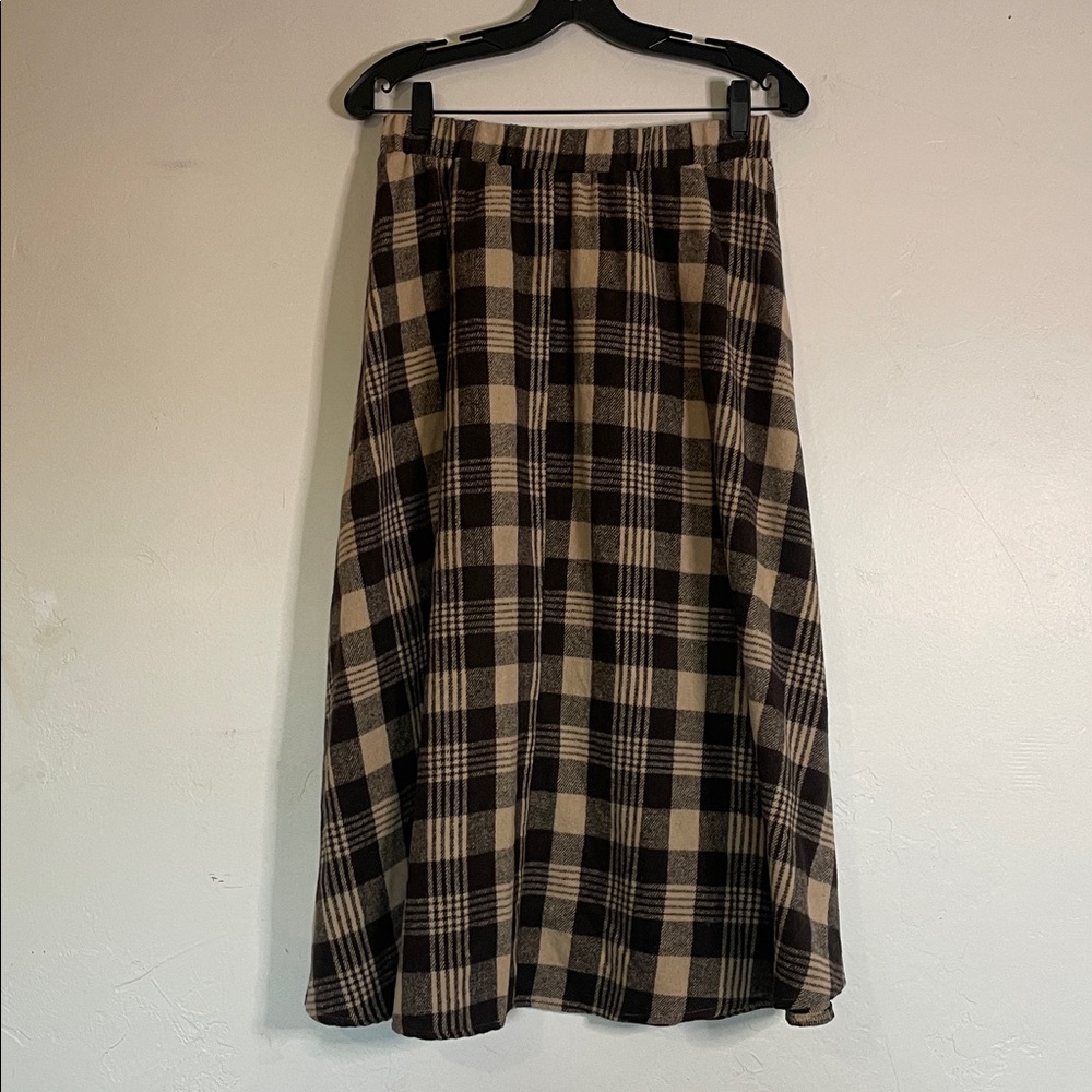 DAZY Winter Brown Beige Plaid Polyester Pull On Midi Full Skirt - Picture 4 of 7